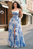 White Blue Flower Long Prom Dress With Slit A-Line Spaghetti Straps Ruched Corset Evening Dress