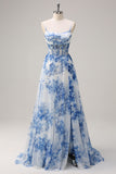 White Blue Flower Ruche Prom Dress Spaghetti Straps Corset Evening Dress with Slit