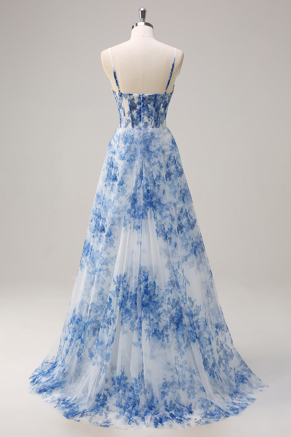 ZAPAKASA Women White Blue Flower Ruche Prom Dress Spaghetti Straps Corset Evening Dress with Slit ZAPAKASA Women White Blue Flower Ruche Prom Dress Spaghetti Straps Corset Evening Dress with Slit