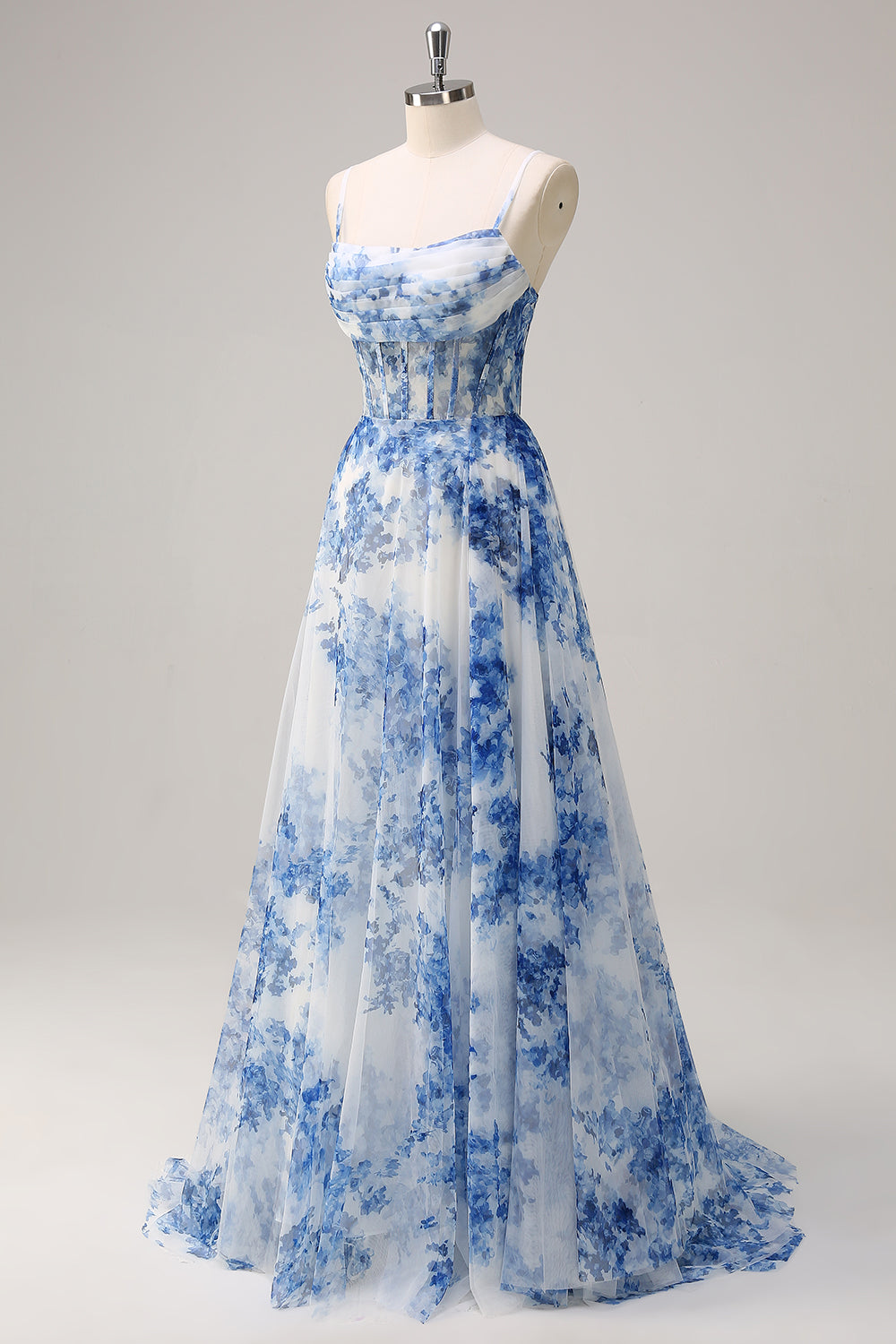 ZAPAKASA Women White Blue Flower Ruche Prom Dress Spaghetti Straps Corset Evening Dress with Slit ZAPAKASA Women White Blue Flower Ruche Prom Dress Spaghetti Straps Corset Evening Dress with Slit