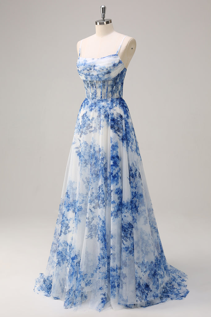 Vintage Blue Flower Spaghetti Strap Dress Slit main image 0