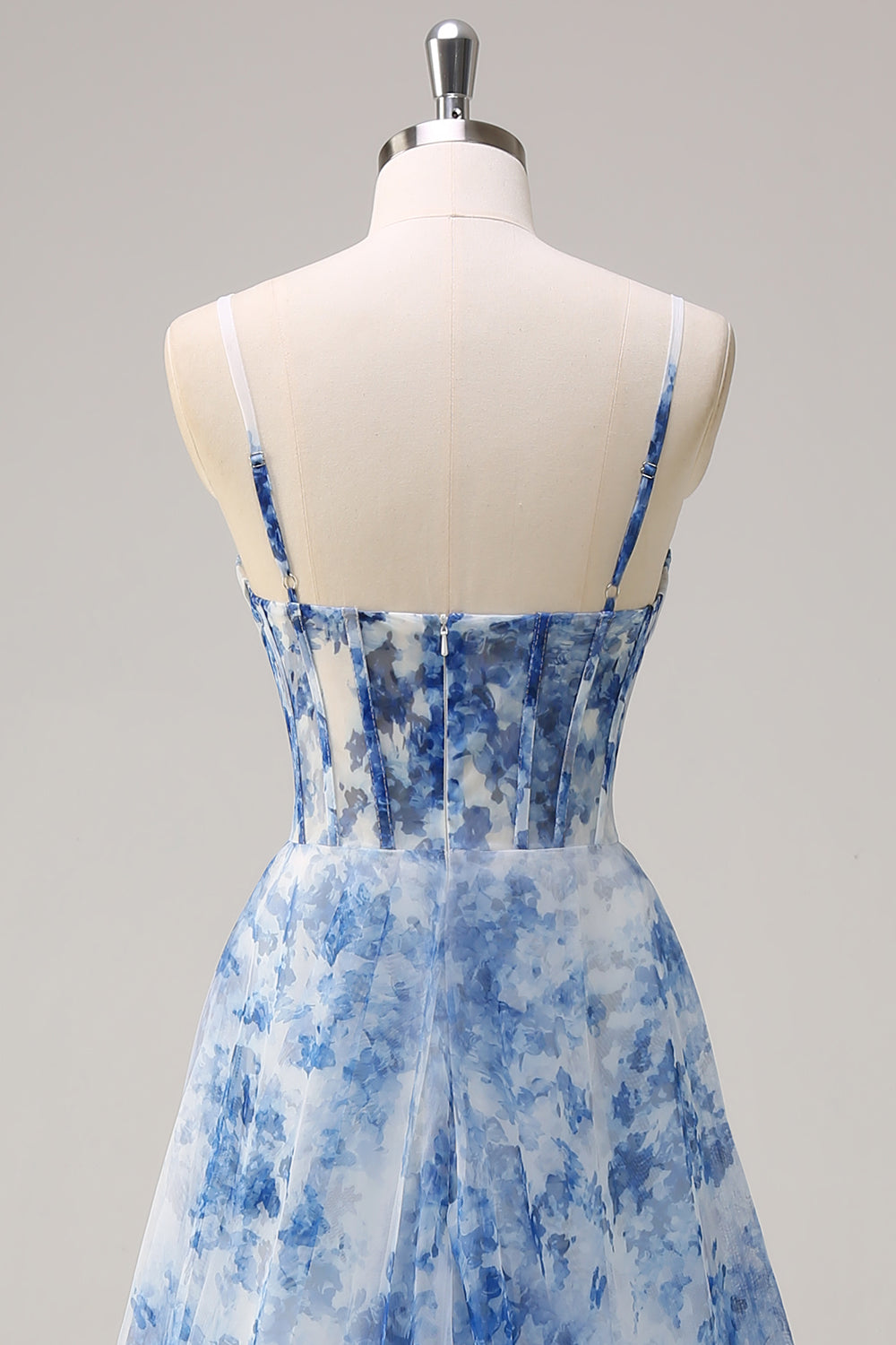 ZAPAKASA Women White Blue Flower Ruche Prom Dress Spaghetti Straps Corset Evening Dress with Slit ZAPAKASA Women White Blue Flower Ruche Prom Dress Spaghetti Straps Corset Evening Dress with Slit