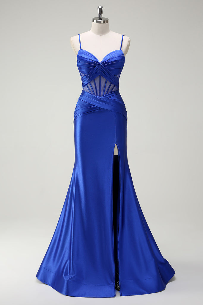 Mermaid Chiffon One Strap Dress with Slit Royal Blue