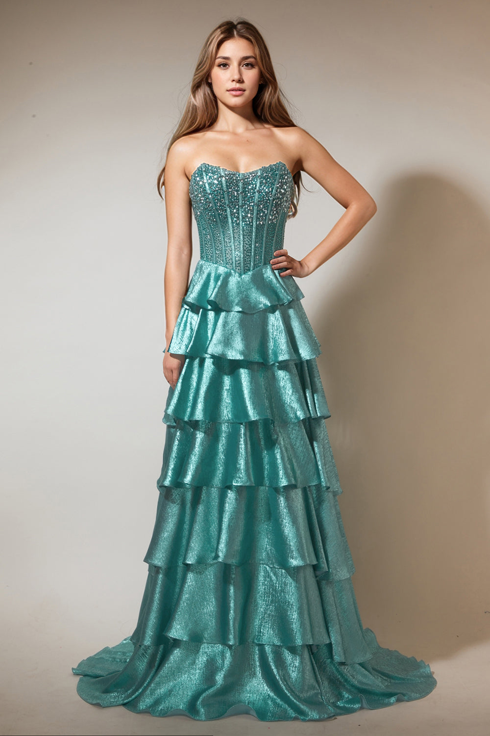 Tiered Ruffles Peacock Green Strapless Long Prom Dress with Beading