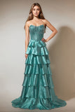 Tiered Ruffles Peacock Green Strapless Long Prom Dress with Beading