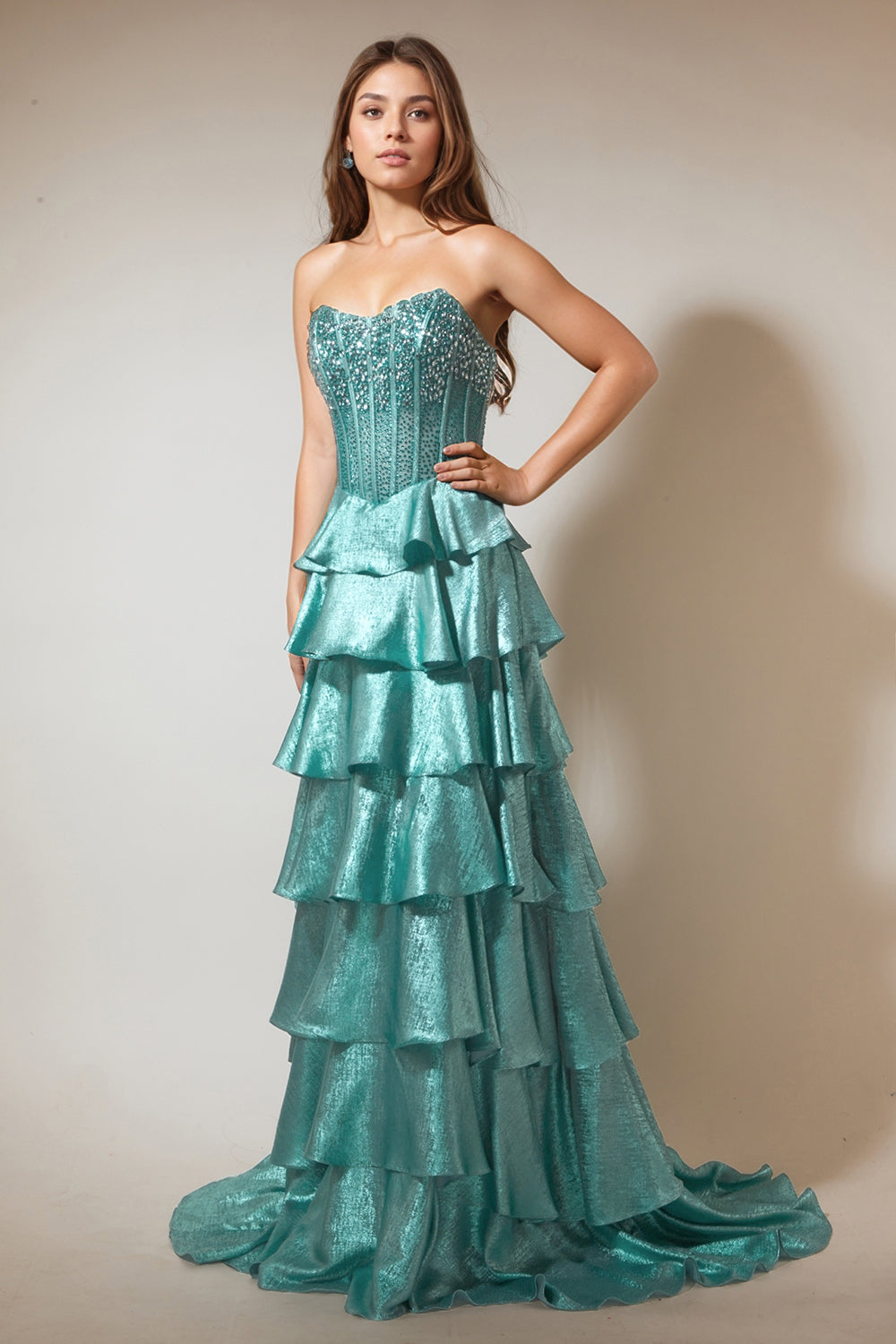 Tiered Ruffles Peacock Green Strapless Long Prom Dress with Beading
