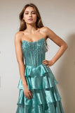 Tiered Ruffles Peacock Green Strapless Long Prom Dress with Beading