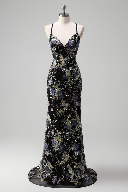 Sparkly Black Floral Mermaid Long Prom Dress Beaded Lace-Up Back Evening Dress