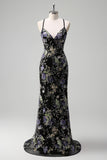 Zapakasa Women Sparkly Black Floral Long Prom Dress with Sequins Mermaid Beaded Backless Party Dress