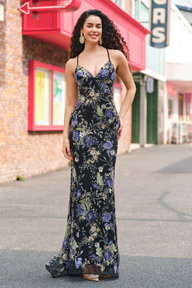 Sparkly Sequins Black Prom Dress with Appliques Mermaid Spaghetti Straps Evening Dress 