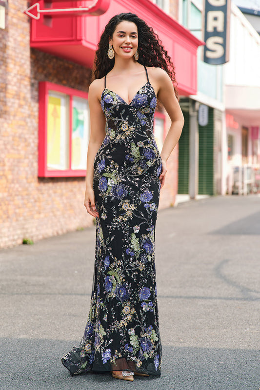 Sparkly Sequins Black Prom Dress with Appliques Mermaid Spaghetti Straps Evening Dress 