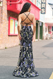 Sparkly Blue Beaded Mermaid Floral Long Prom Dress with Sequins