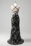 Sparkly Blue Beaded Mermaid Floral Long Prom Dress with Sequins