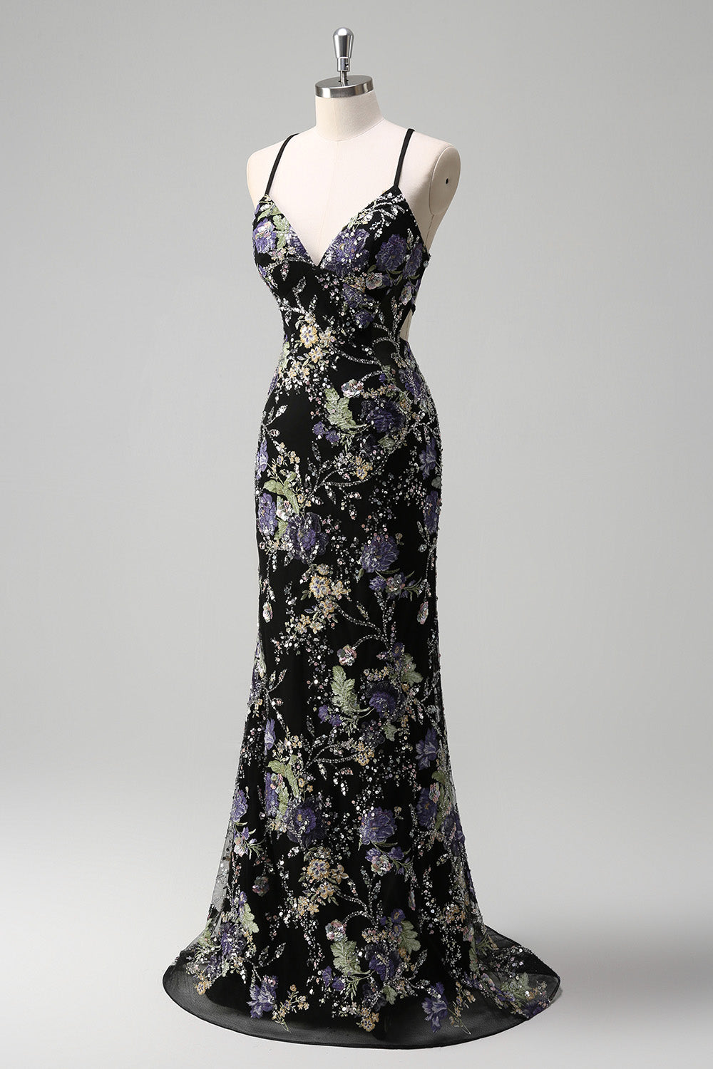 Sparkly Black Floral Mermaid Lace-Up Back Long Prom Dress