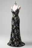 Sparkly Blue Beaded Mermaid Floral Long Prom Dress with Sequins