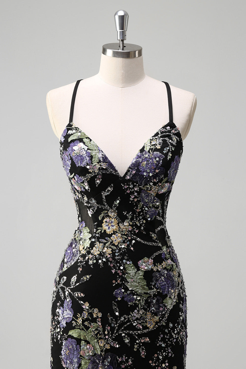 Sparkly Black Floral Mermaid Lace-Up Back Long Prom Dress