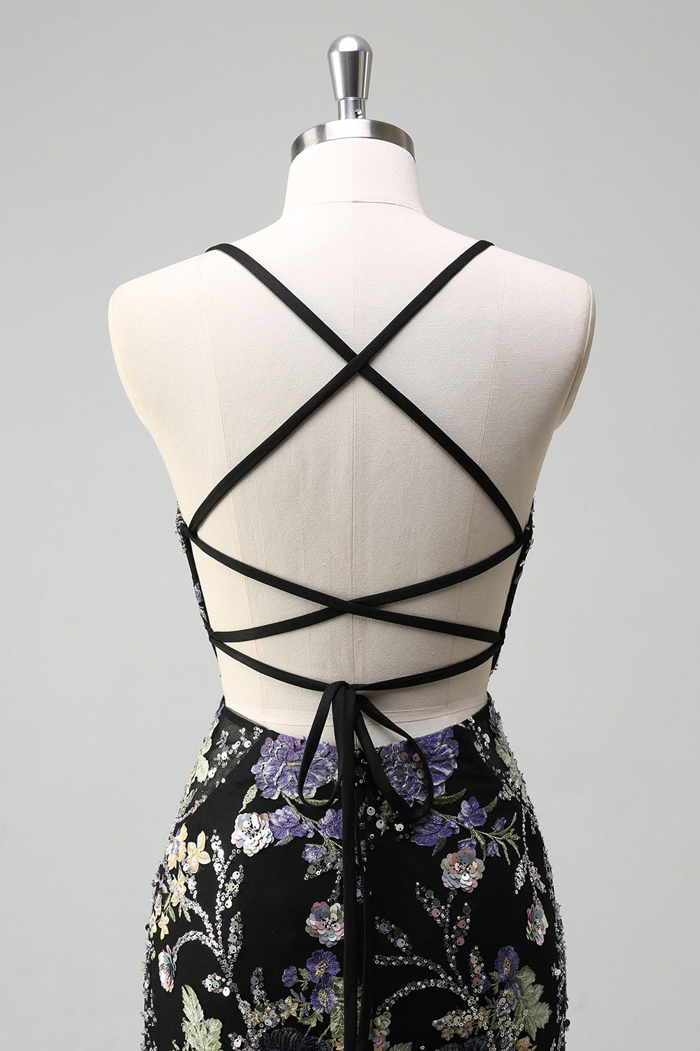 Sparkly Black Floral Mermaid Lace-Up Back Long Prom Dress