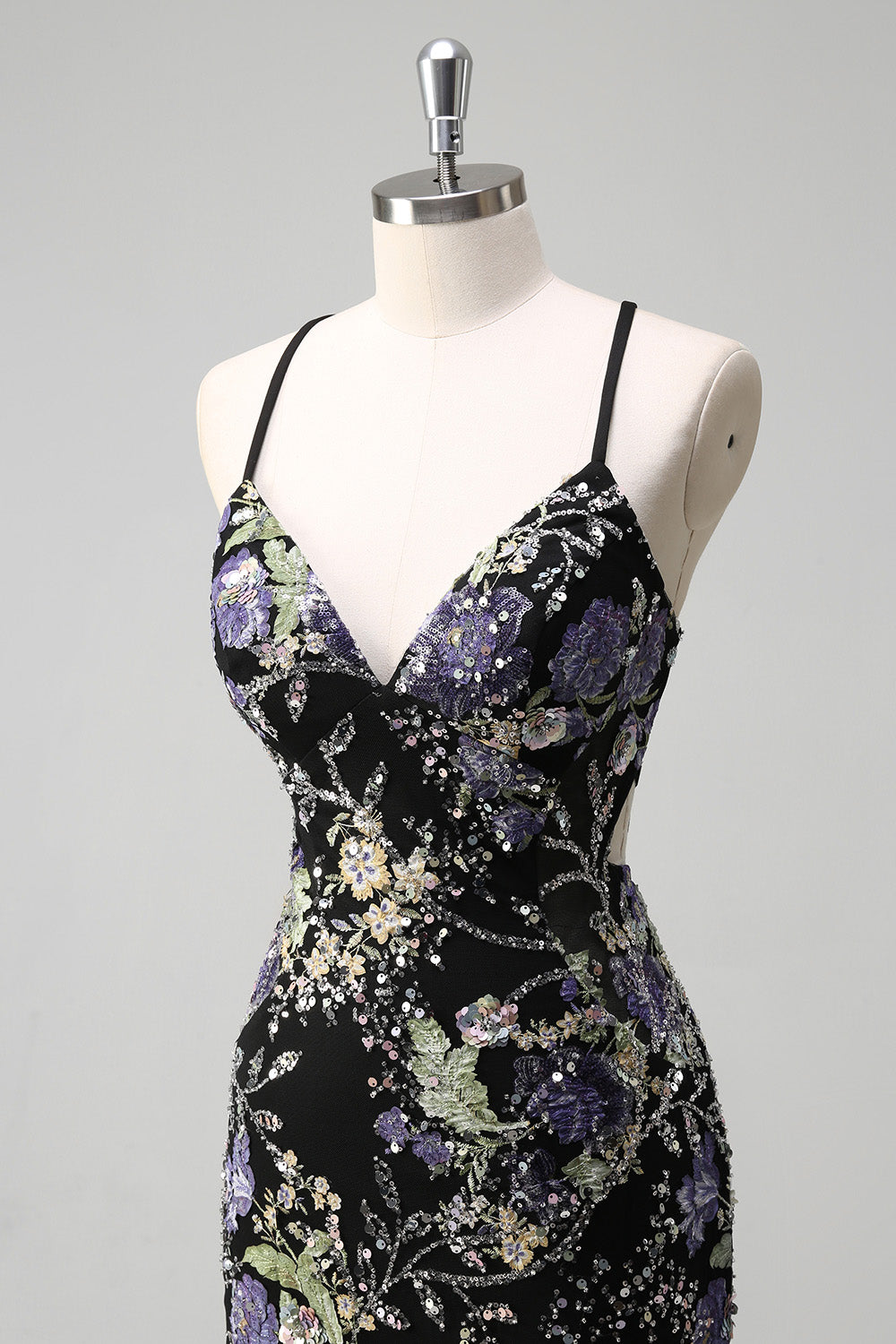 Sparkly Black Floral Mermaid Lace-Up Back Long Prom Dress
