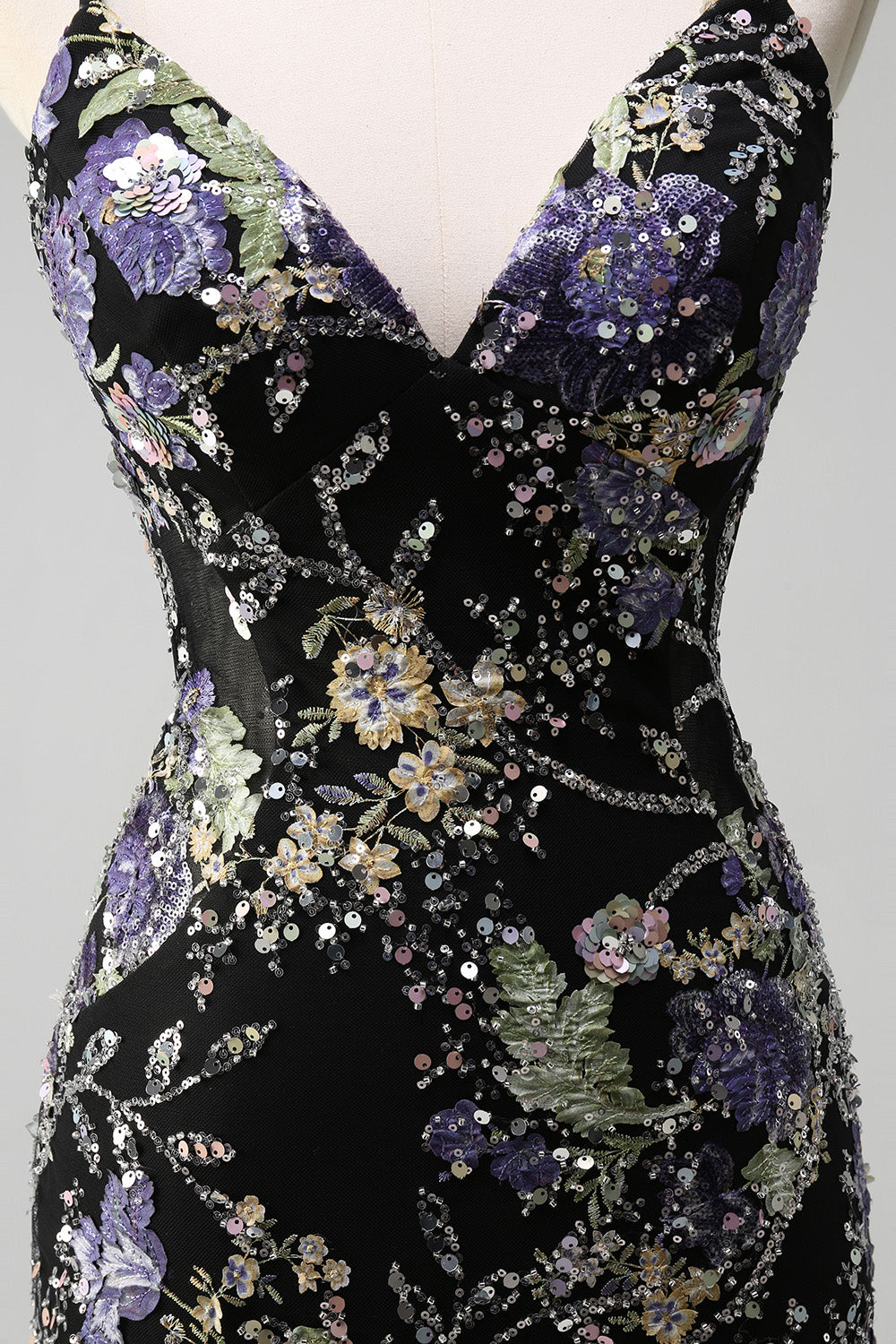 Sparkly Black Floral Mermaid Lace-Up Back Long Prom Dress
