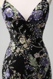 Sparkly Black Floral Mermaid Lace-Up Back Long Prom Dress