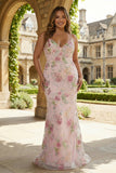 Plus Size Sparkly Floral Pink Mermaid Beaded Sequins Long Prom Dress