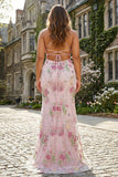 Plus Size Sparkly Floral Pink Mermaid Beaded Sequins Long Prom Dress