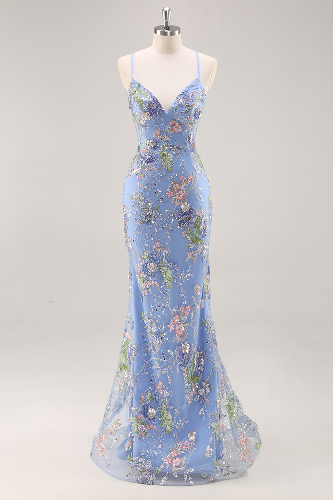 Zapakasa Women Sparkly Blue Floral Long Prom Dress with Sequins Mermaid
