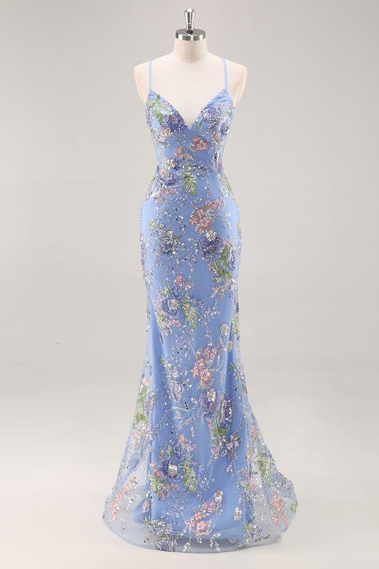 Sparkly Blue Floral Beaded Mermaid Long Prom Dress with Sequins