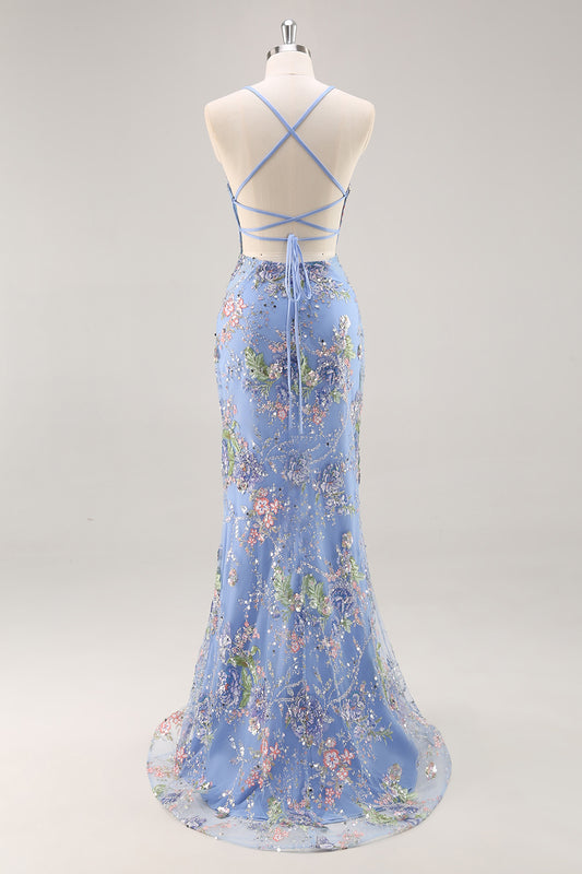 Sparkly Blue Floral Beaded Mermaid Long Prom Dress with Sequins