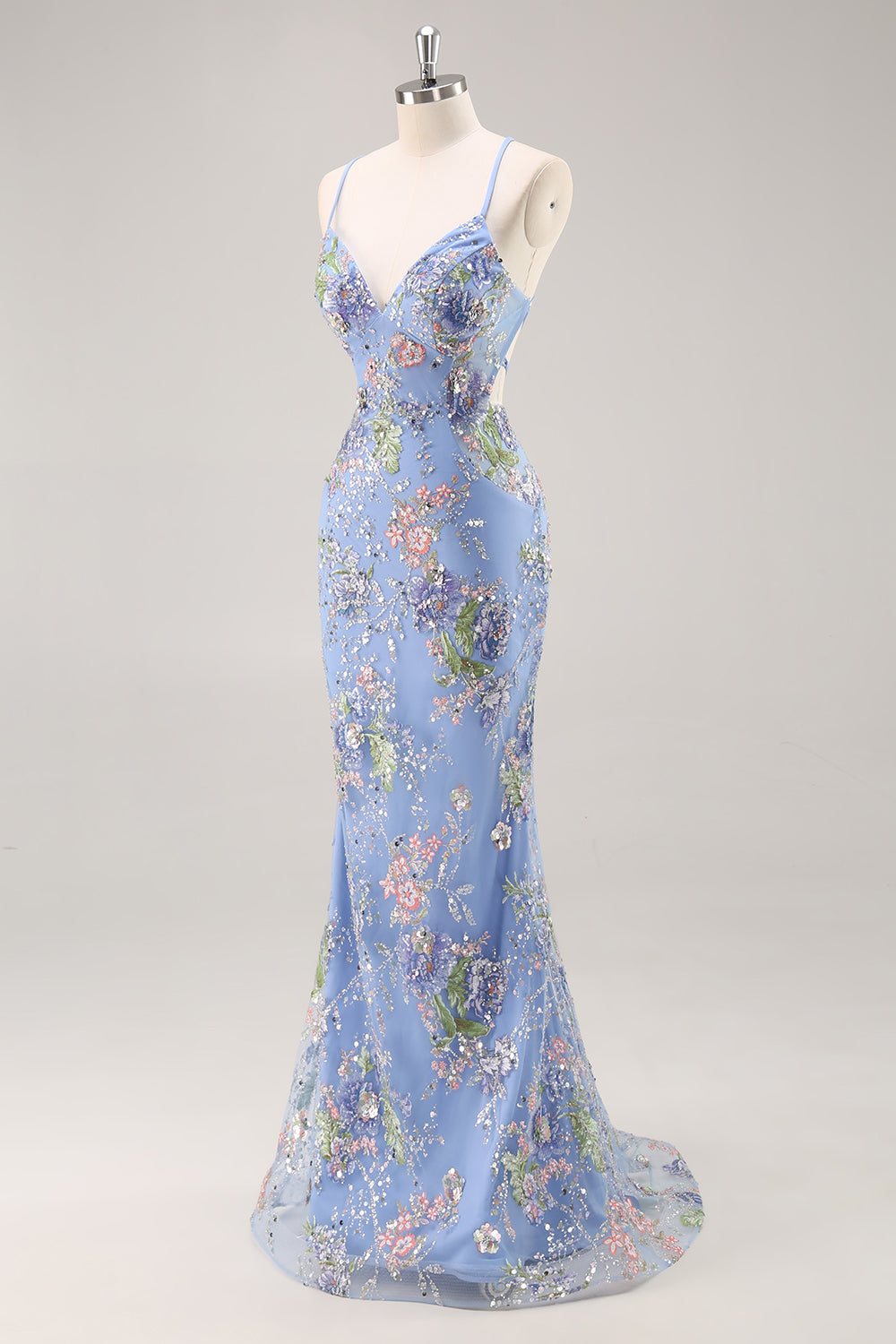 Sparkly Black Floral Mermaid Lace-Up Back Long Prom Dress