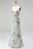 Plus Size Floral Sparkly Blue Beaded Mermaid Long Prom Dress with Sequins