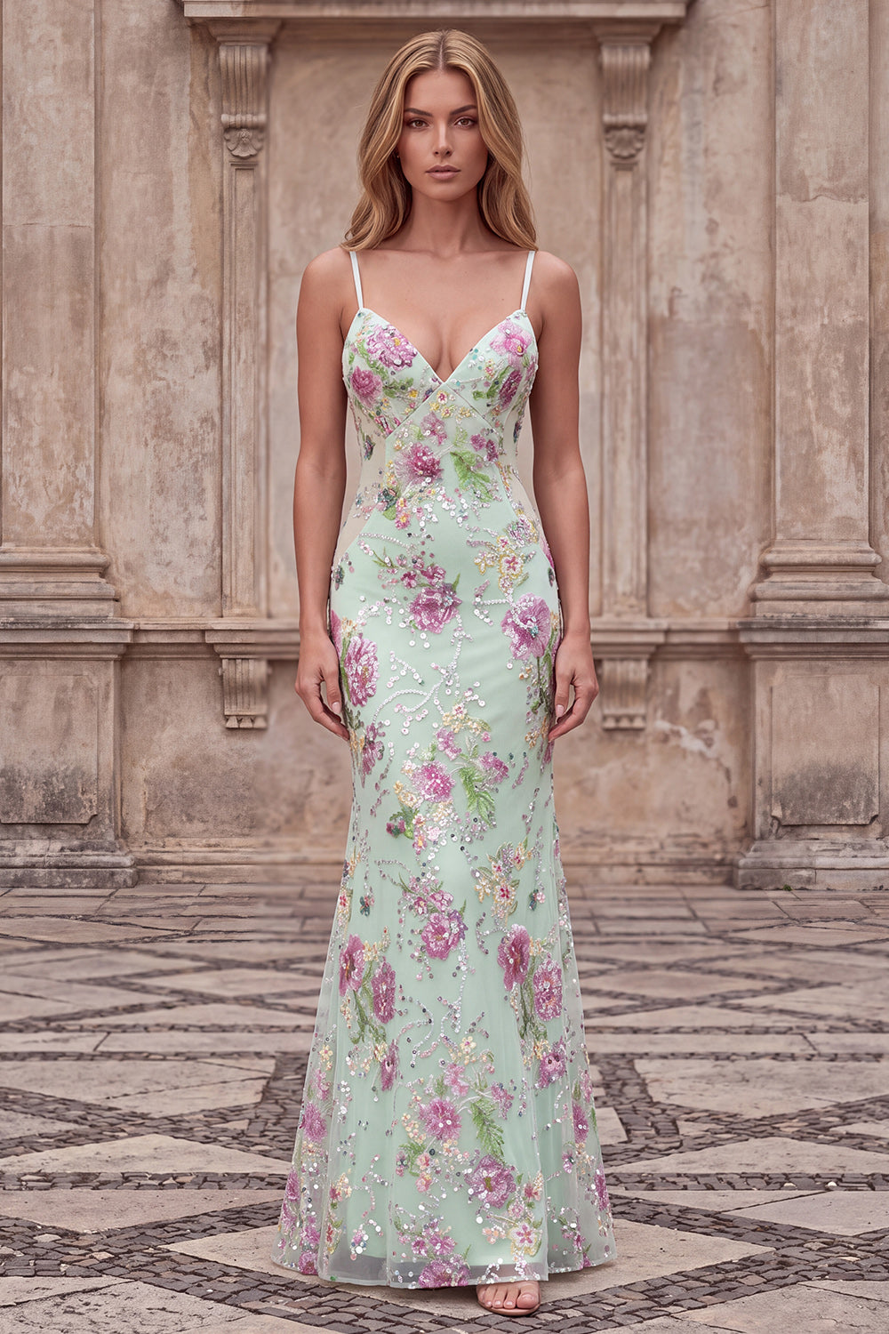 Plus Size Floral Sparkly Blue Beaded Mermaid Long Prom Dress with Sequins