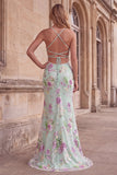 Plus Size Floral Sparkly Blue Beaded Mermaid Long Prom Dress with Sequins