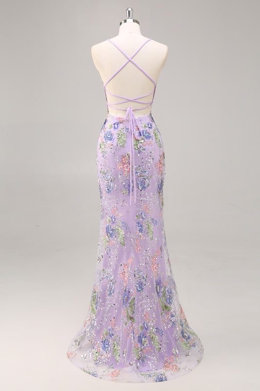Sparkly Lilac Beaded Floral Mermaid Long Prom Dress with Sequins