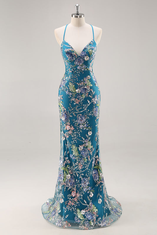 Sparkly Peacock Beaded Mermaid Floral Long Prom Dress with Sequins