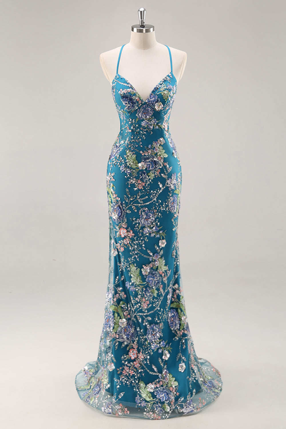 Sparkly Black Floral Mermaid Lace-Up Back Long Prom Dress