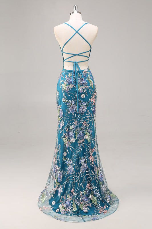Sparkly Peacock Beaded Mermaid Floral Long Prom Dress with Sequins