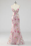 Zapakasa Women Sparkly Pink Floral Long Prom Dress with Sequins Mermaid Beaded Backless Party Dress