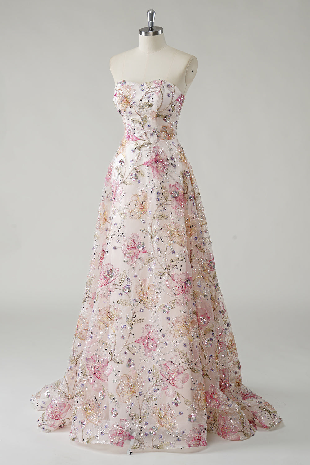 Zapakasa Women Sparkly Pink Floral A Line Strapless Prom Dress with Slit Sequined Tulle Ball Gown Zapakasa Women Sparkly Pink Floral A Line Strapless Prom Dress with Slit Sequined Tulle Ball Gown