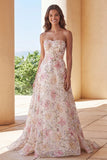 Sparkly Pink Floral A Line Strapless Long Prom Dress