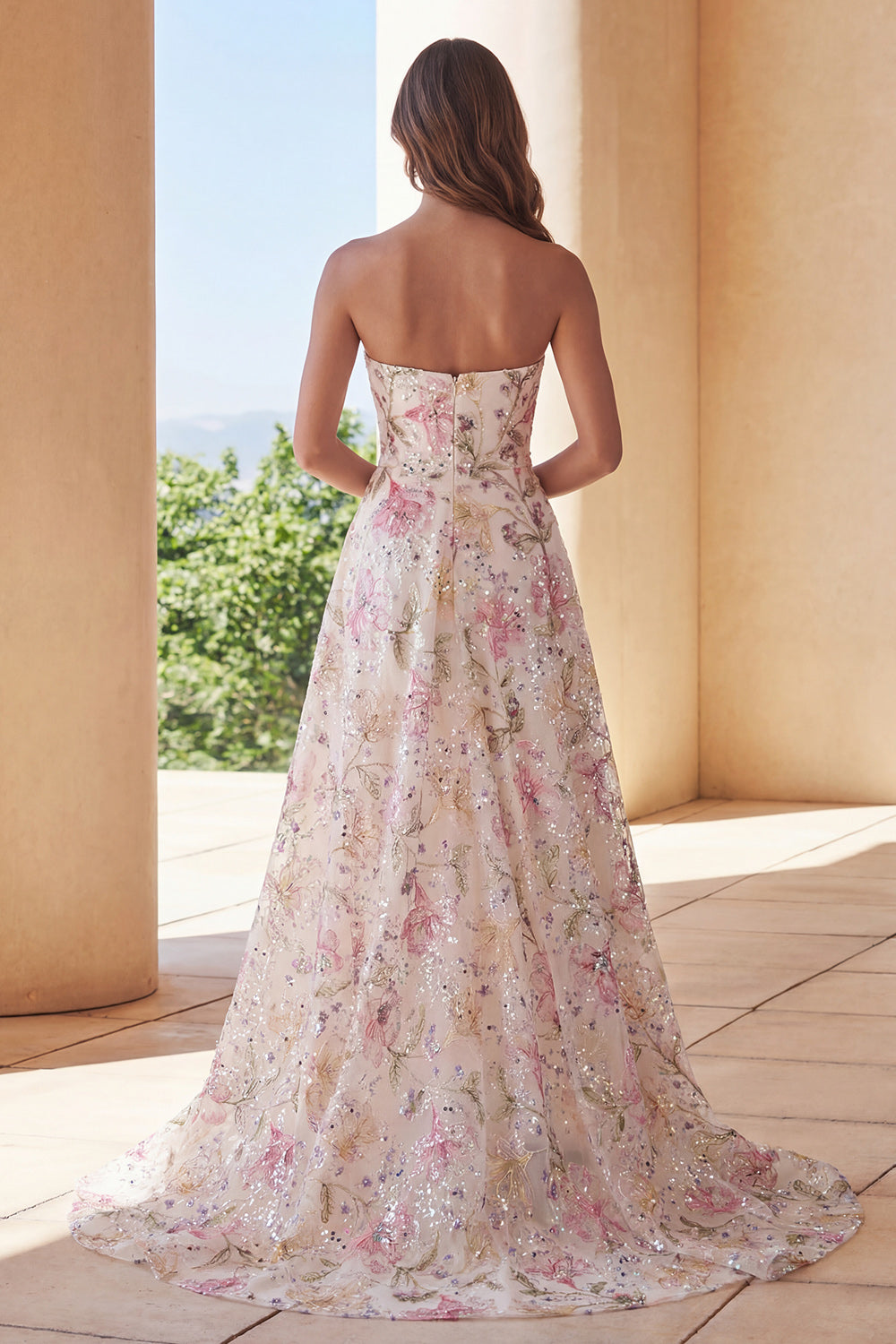 Sparkly Pink Floral A Line Strapless Long Prom Dress