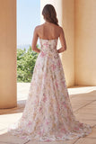 Sparkly Pink Floral A Line Strapless Long Prom Dress