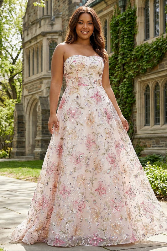 Sparkly Floral Pink Plus Size A Line Strapless Long Prom Dress