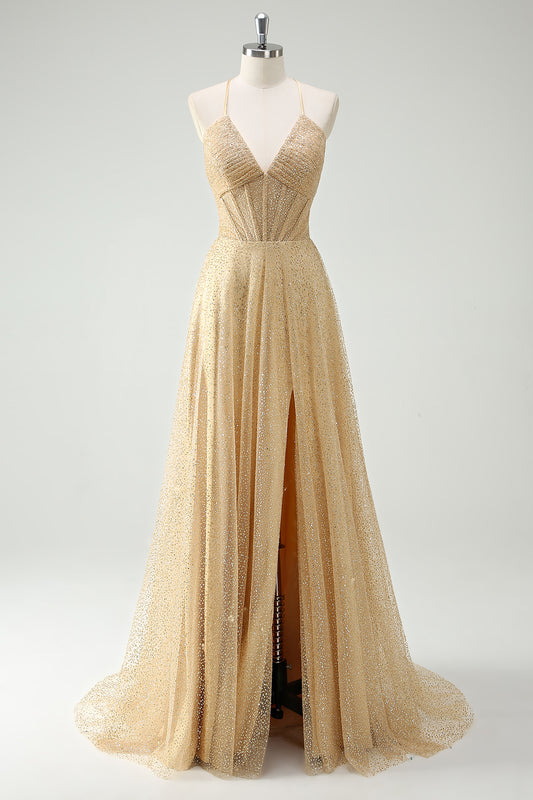 Sparkly V-Neck Golden Corset Long Prom Dress with Slit