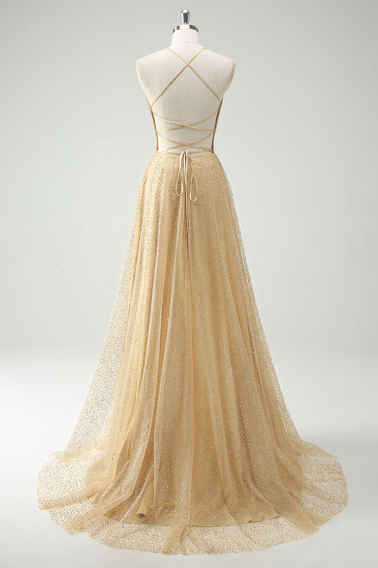 Sparkly V-Neck Golden Corset Long Prom Dress with Slit
