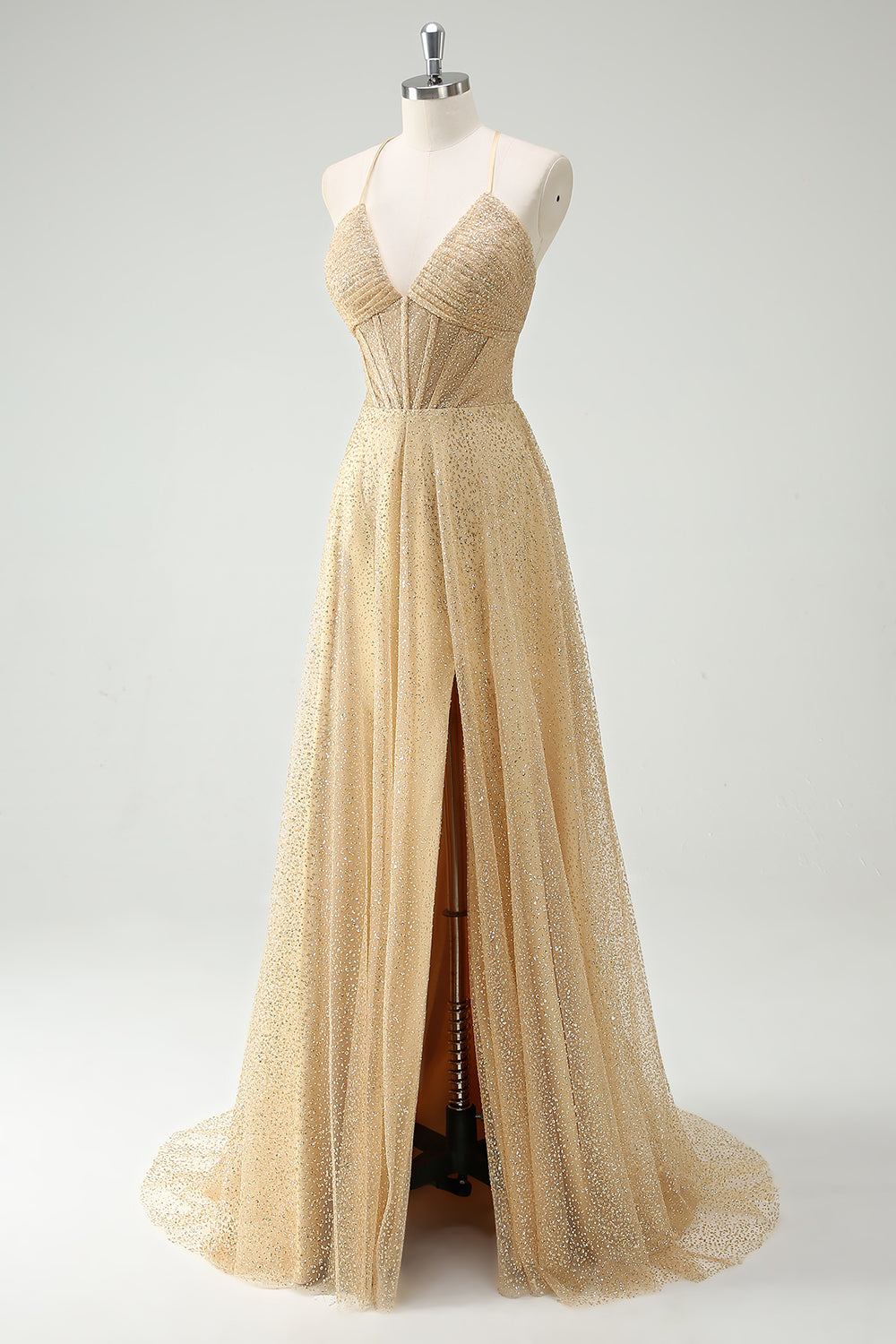 Sparkly V-Neck Golden Corset Long Prom Dress with Slit