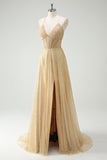 Sparkly V-Neck Golden Corset Long Prom Dress with Slit
