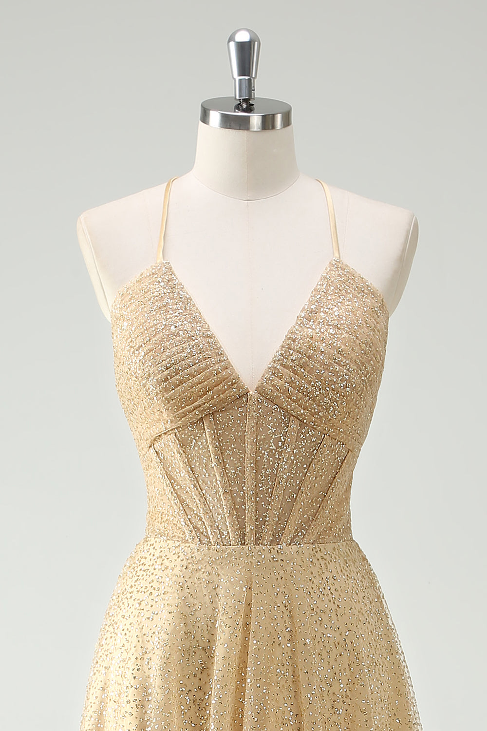 Sparkly V-Neck Golden Corset Long Prom Dress with Slit