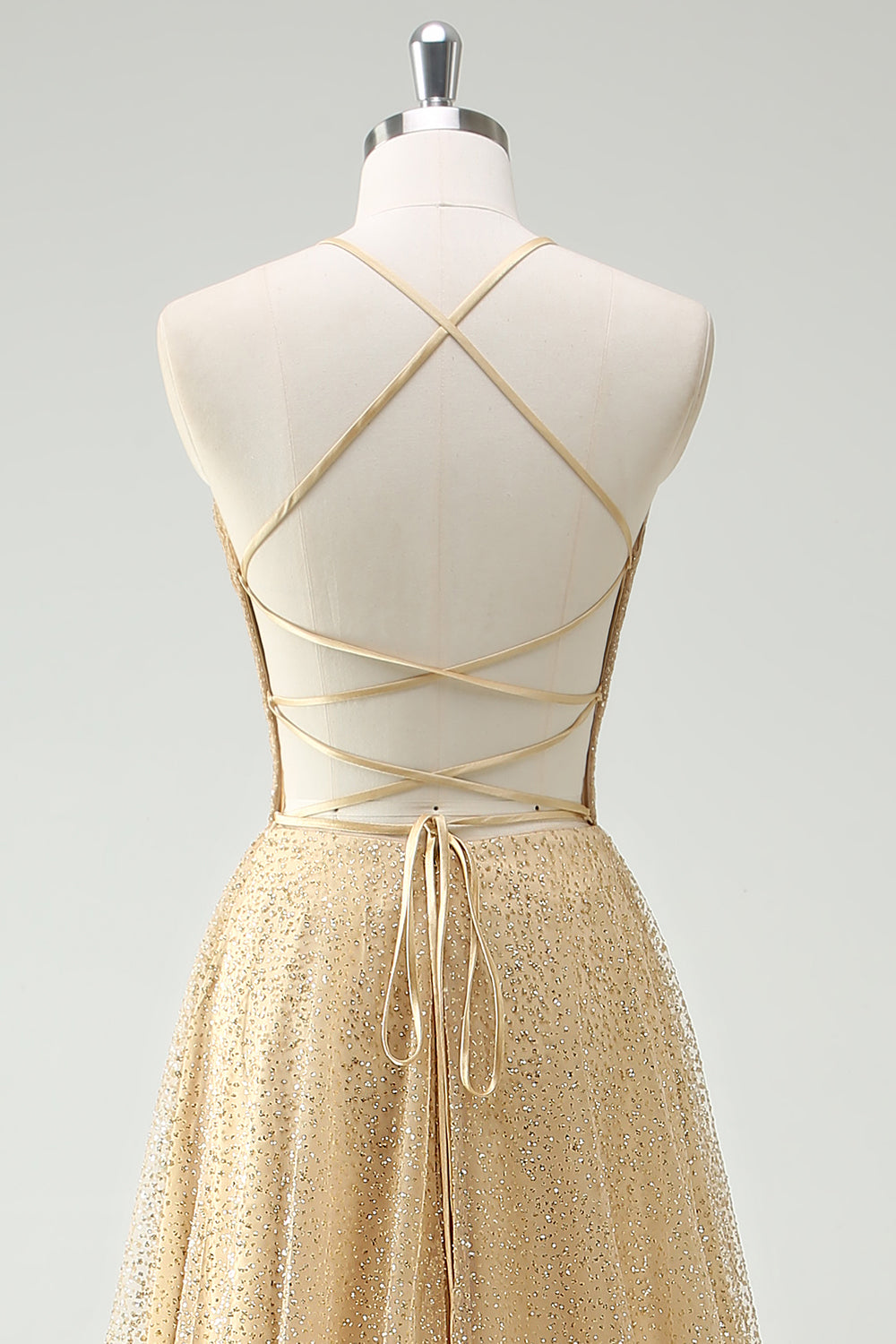 Sparkly V-Neck Golden Corset Long Prom Dress with Slit