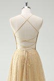 Sparkly V-Neck Golden Corset Long Prom Dress with Slit